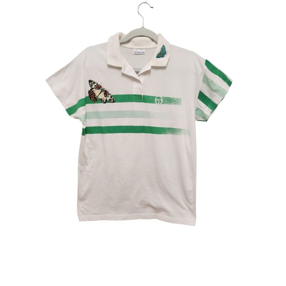 Vintage Sergio‎ Tacchini Polo Shirt White Green Stripe Butterfly Italy Mens L